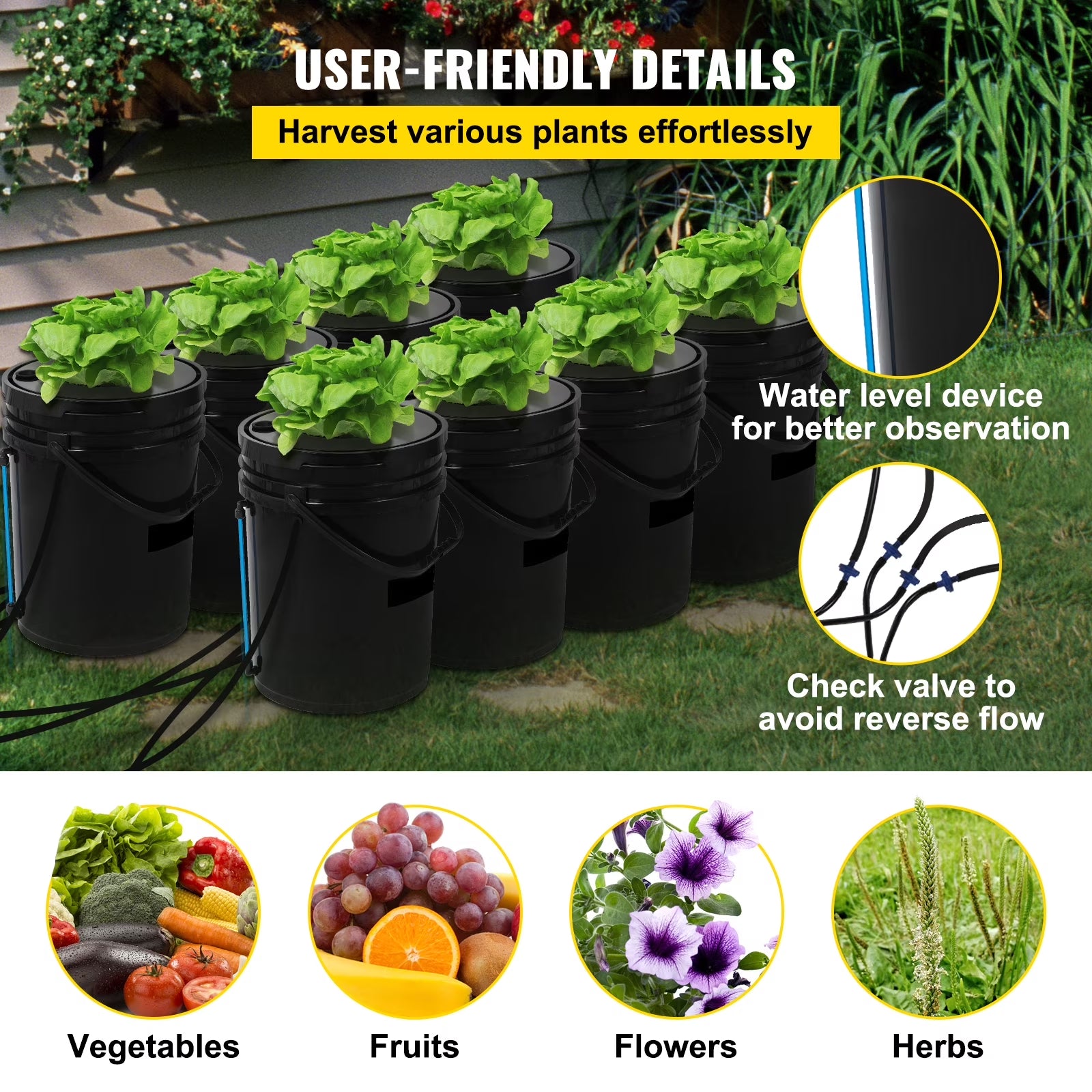 DWC Hydroponic System, 5 Gallon 8 Buckets, Deep Water Culture Growing Bucket, Hydroponics Grow Kit with Pump, Air Stone and Water Level Device, for Indoor/Outdoor Leafy Vegetables