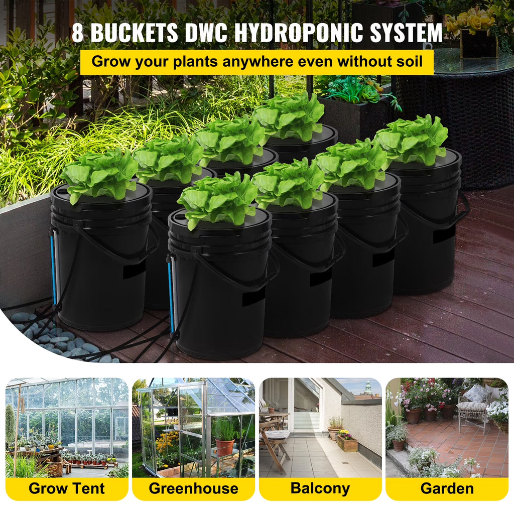 DWC Hydroponic System, 5 Gallon 8 Buckets, Deep Water Culture Growing Bucket, Hydroponics Grow Kit with Pump, Air Stone and Water Level Device, for Indoor/Outdoor Leafy Vegetables