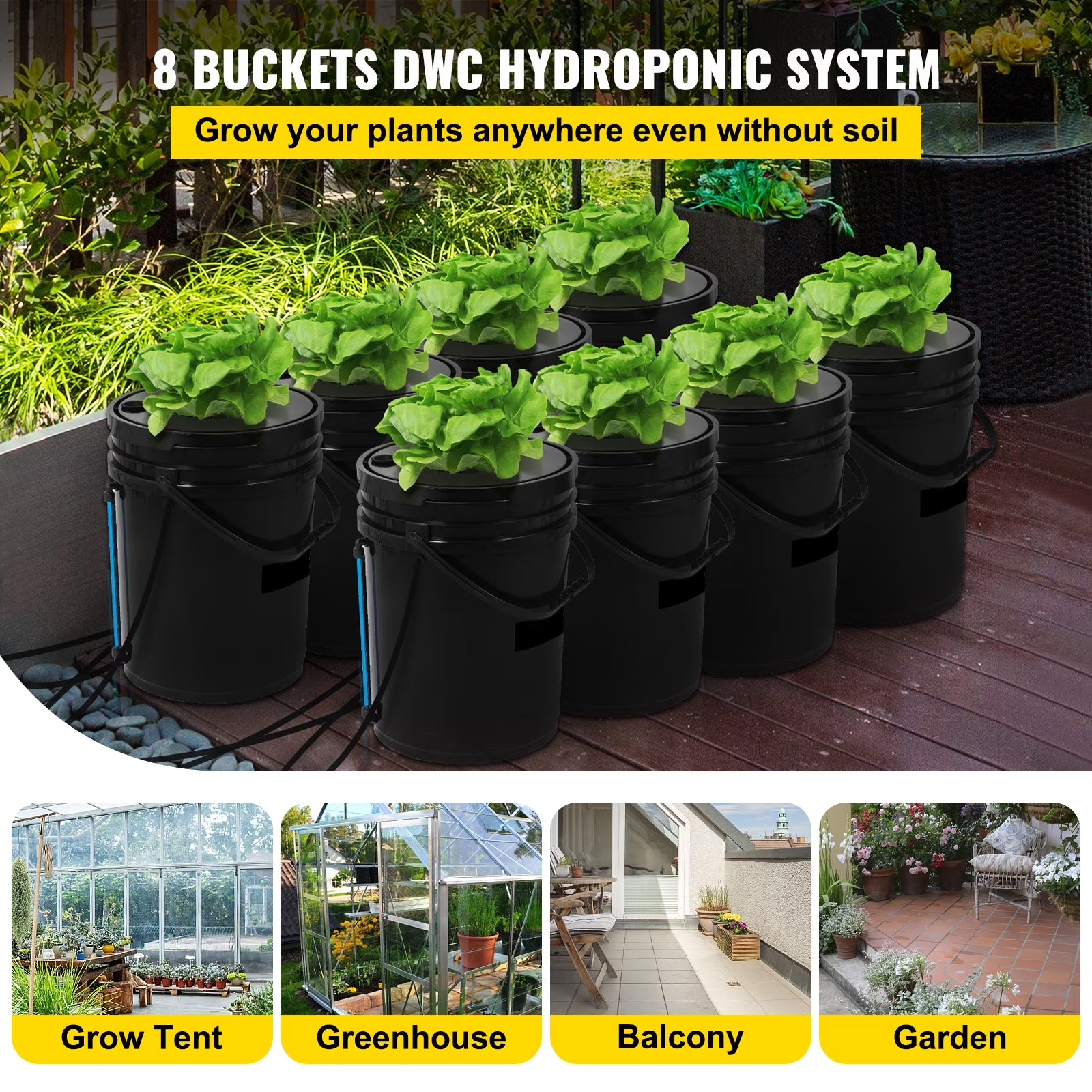 DWC Hydroponic System, 5 Gallon 8 Buckets, Deep Water Culture Growing Bucket, Hydroponics Grow Kit with Pump, Air Stone and Water Level Device, for Indoor/Outdoor Leafy Vegetables