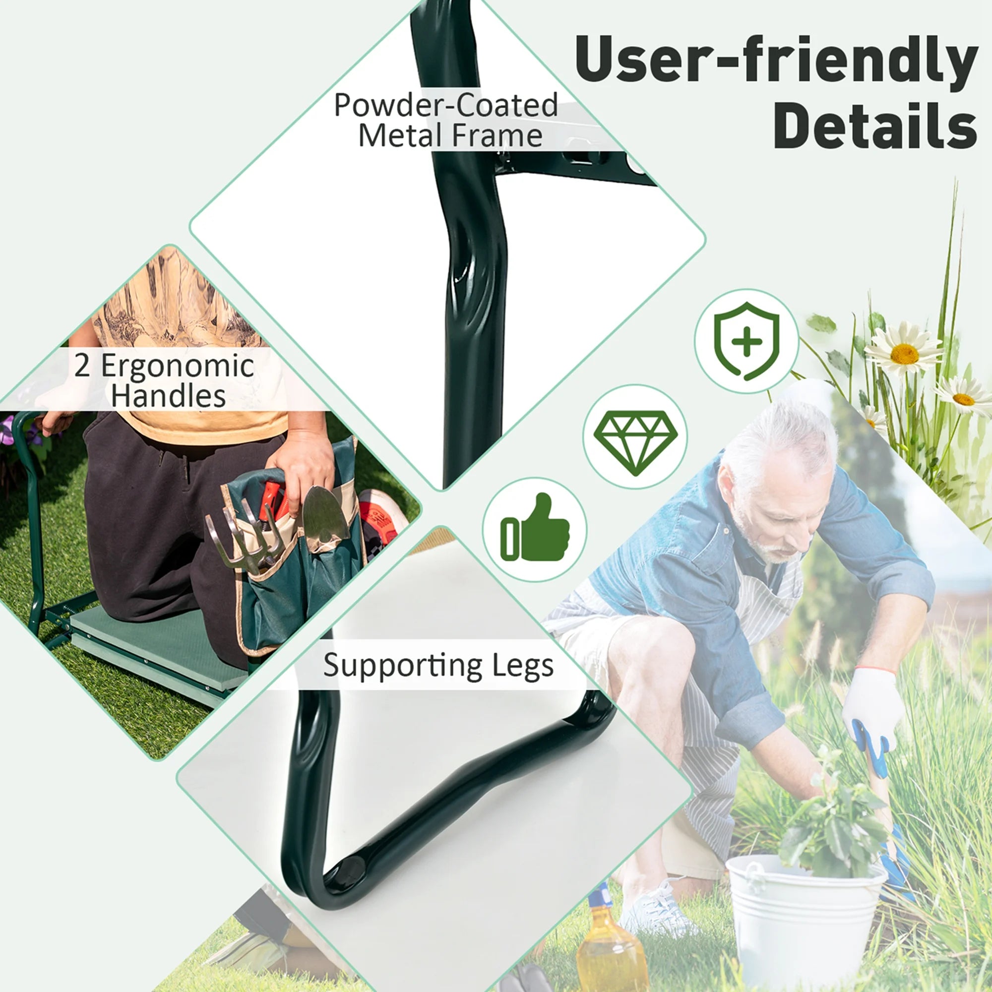 Folding Sturdy Garden Kneeler Gardener Kneeling Pad & Cushion Seat Knee Pad Seat Green