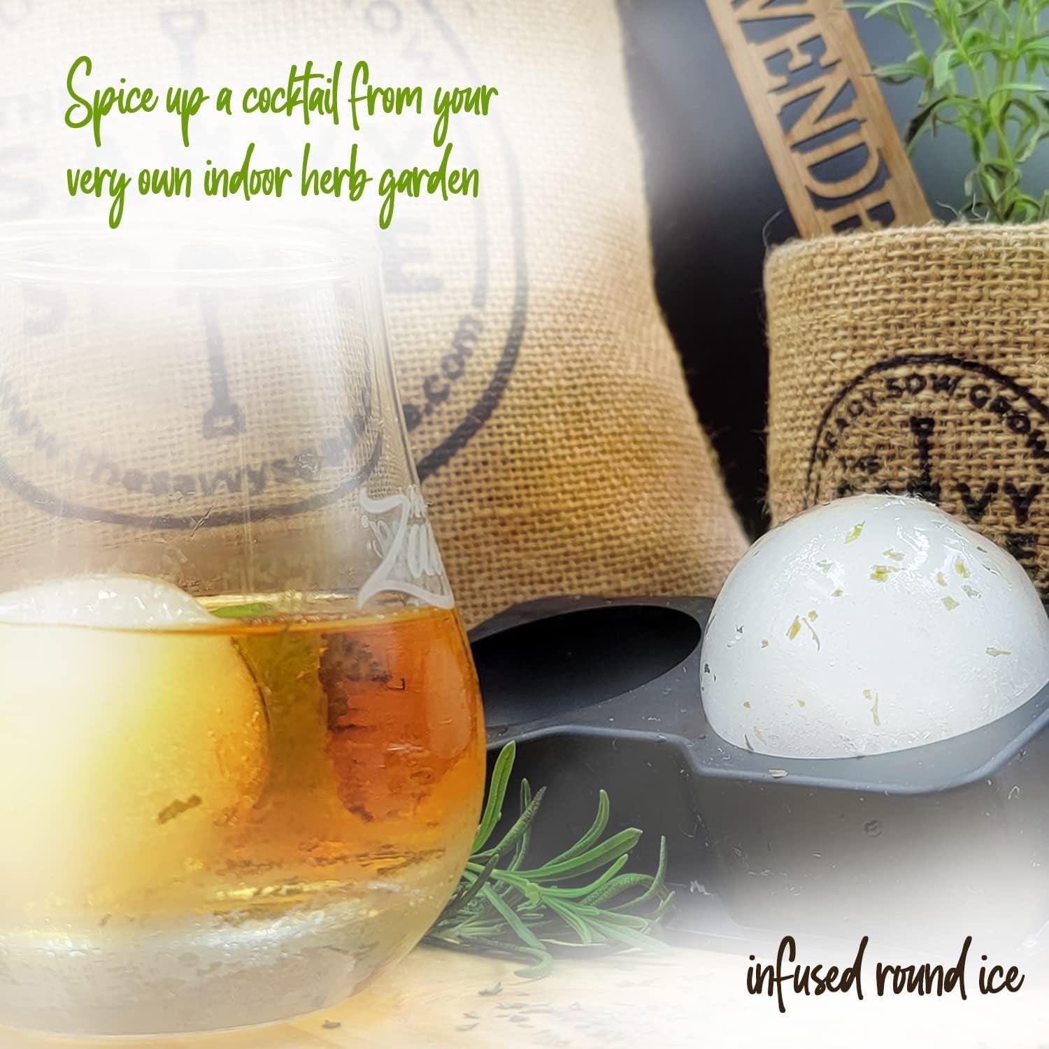 Cocktail Herb Garden Kit Indoor – Grow Your Own Cocktail Kit with Ice Ball Maker and Non-Gmo Heirloom Lavender Seeds, Mint Seeds, Rosemary Seeds, Basil Seeds – Housewarming Gift