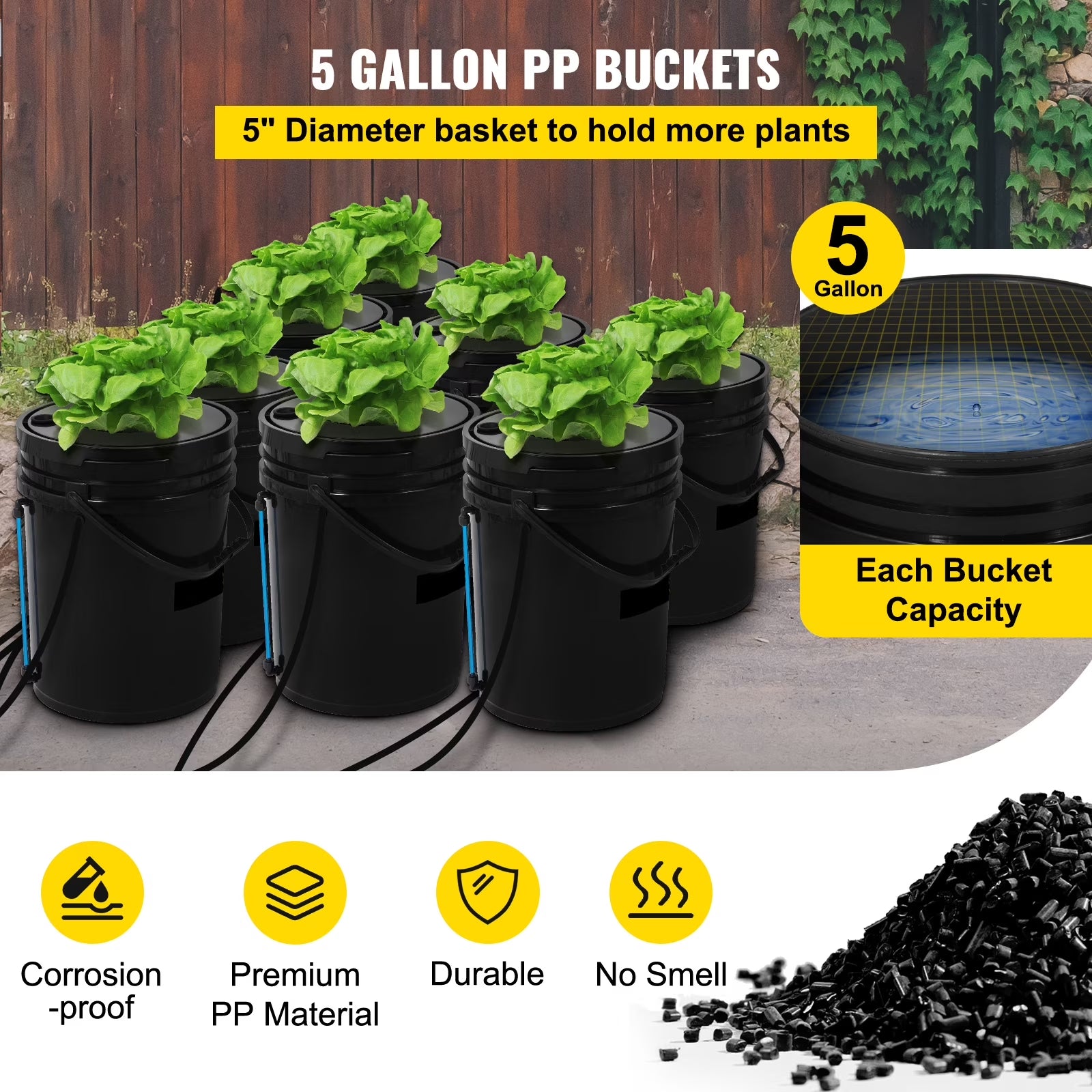 DWC Hydroponic System, 5 Gallon 8 Buckets, Deep Water Culture Growing Bucket, Hydroponics Grow Kit with Pump, Air Stone and Water Level Device, for Indoor/Outdoor Leafy Vegetables