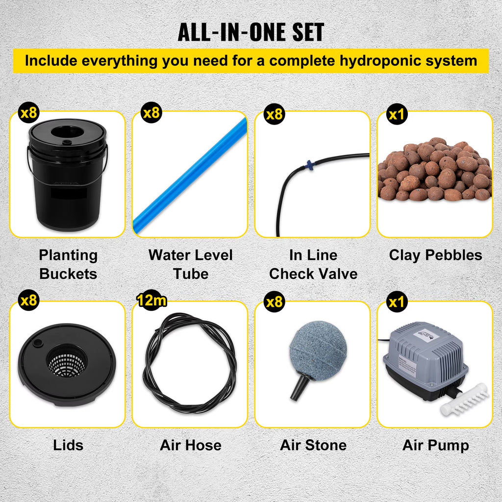 DWC Hydroponic System, 5 Gallon 8 Buckets, Deep Water Culture Growing Bucket, Hydroponics Grow Kit with Pump, Air Stone and Water Level Device, for Indoor/Outdoor Leafy Vegetables