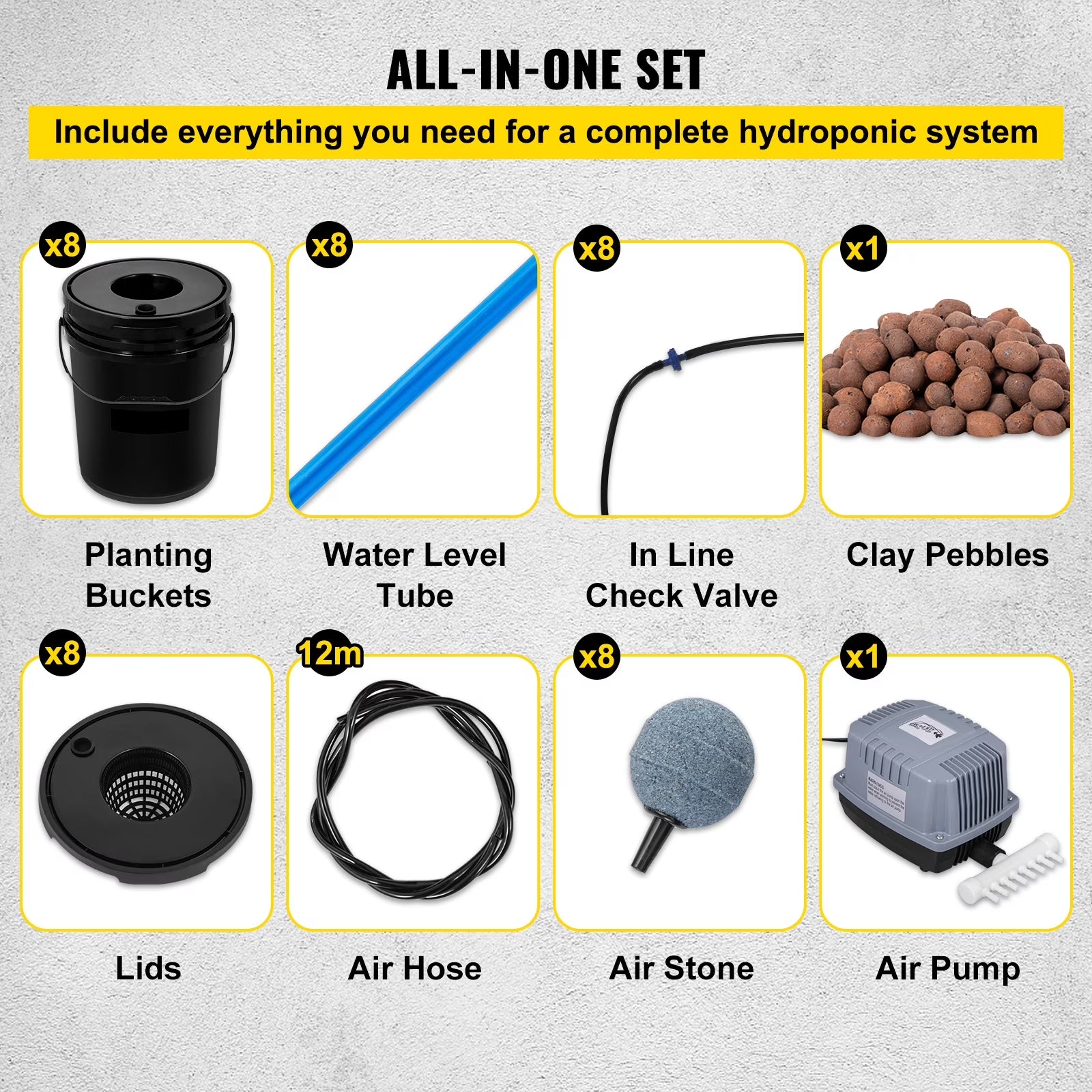 DWC Hydroponic System, 5 Gallon 8 Buckets, Deep Water Culture Growing Bucket, Hydroponics Grow Kit with Pump, Air Stone and Water Level Device, for Indoor/Outdoor Leafy Vegetables